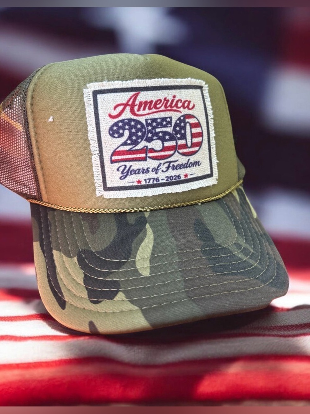 OTTO Camo Trucker Hat with America 250 Patch - Olive Green